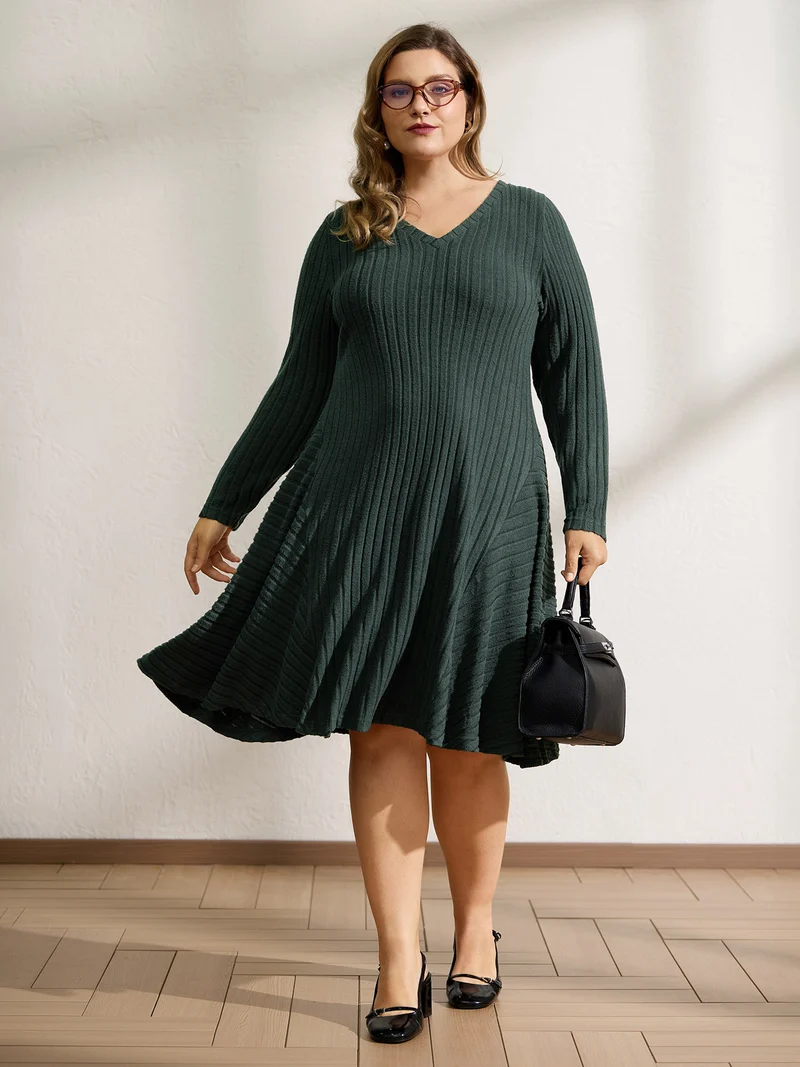 Ribbed Fleece V-Neck Knit Midi Dress