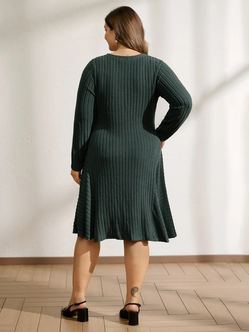 Ribbed Fleece V-Neck Knit Midi Dress