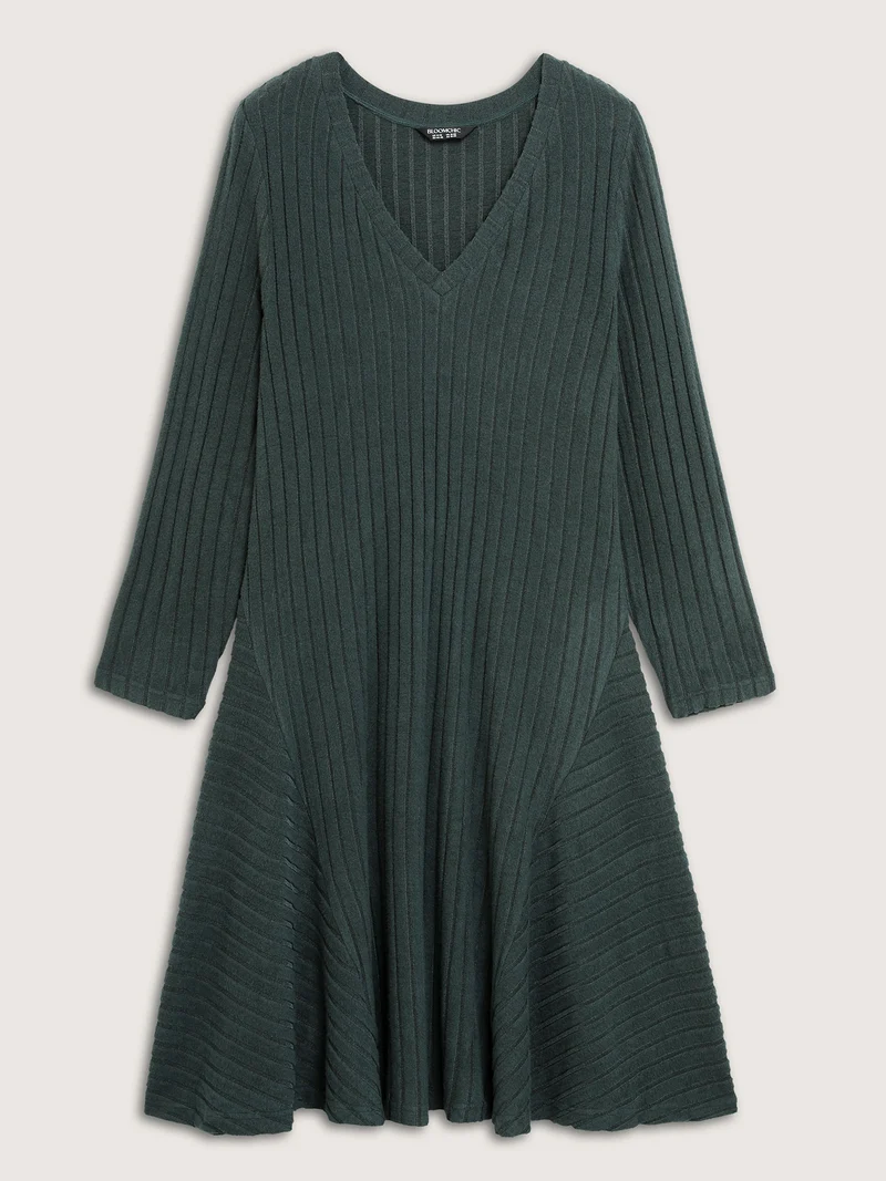 Ribbed Fleece V-Neck Knit Midi Dress