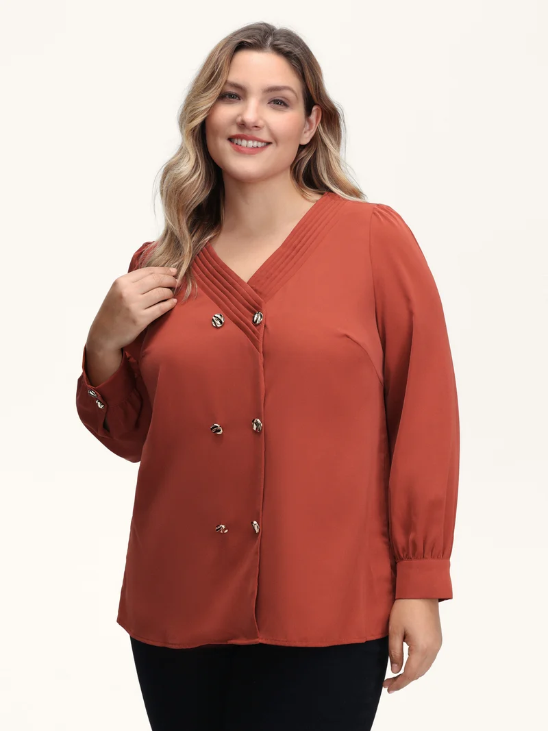 Pleated Neckline Metallic Buttons Blouse