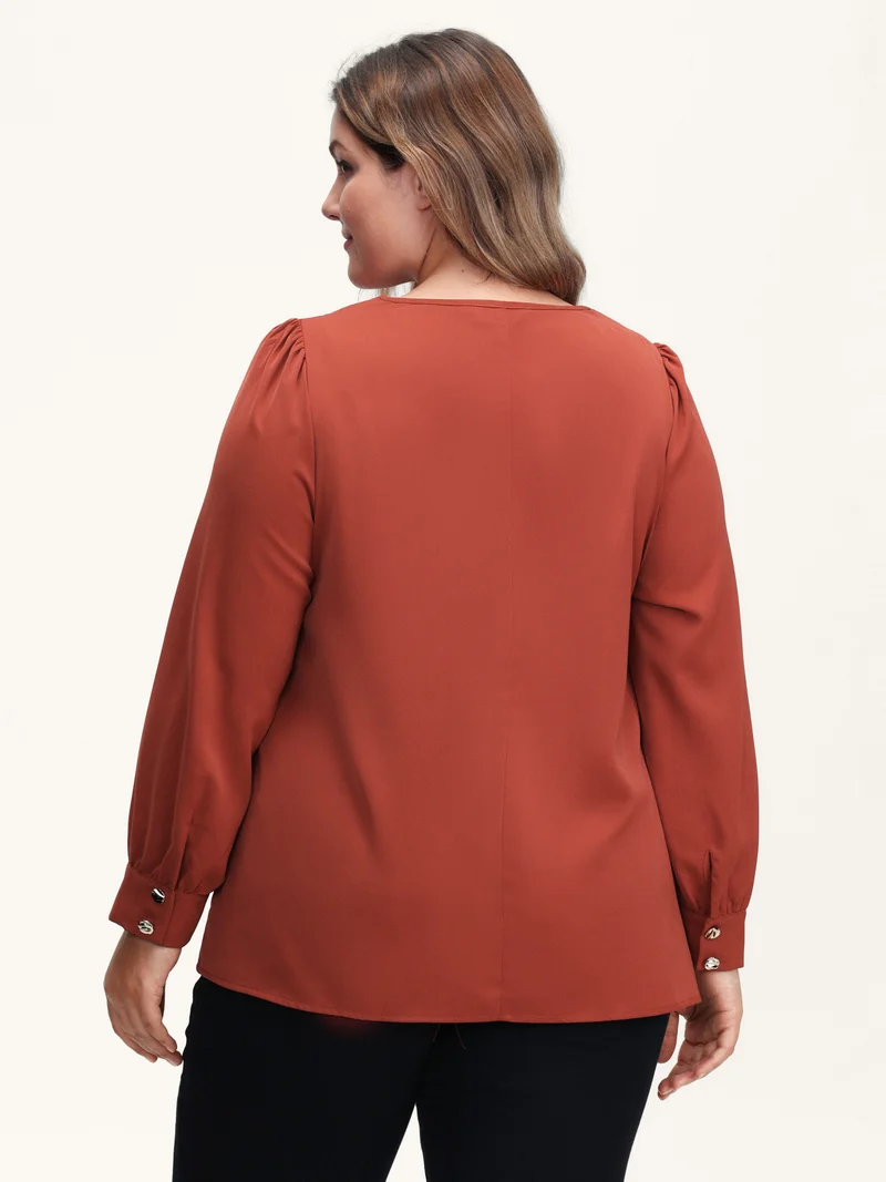 Pleated Neckline Metallic Buttons Blouse