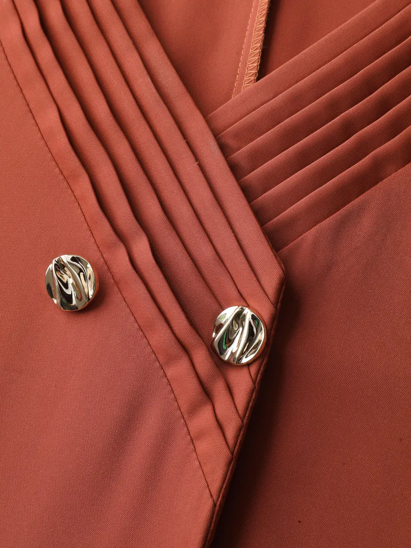 Pleated Neckline Metallic Buttons Blouse