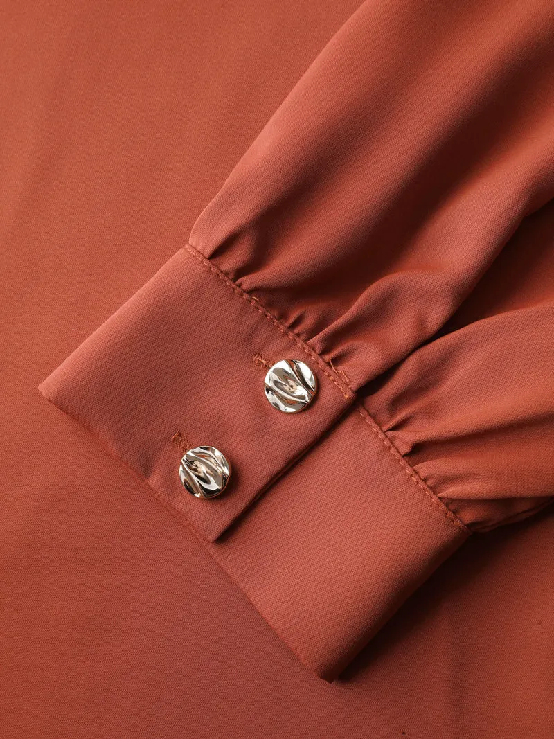 Pleated Neckline Metallic Buttons Blouse