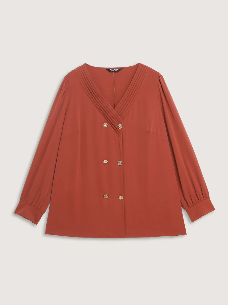 Pleated Neckline Metallic Buttons Blouse