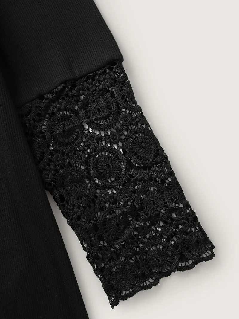 Lace Sleeve Button Placket T-Shirt