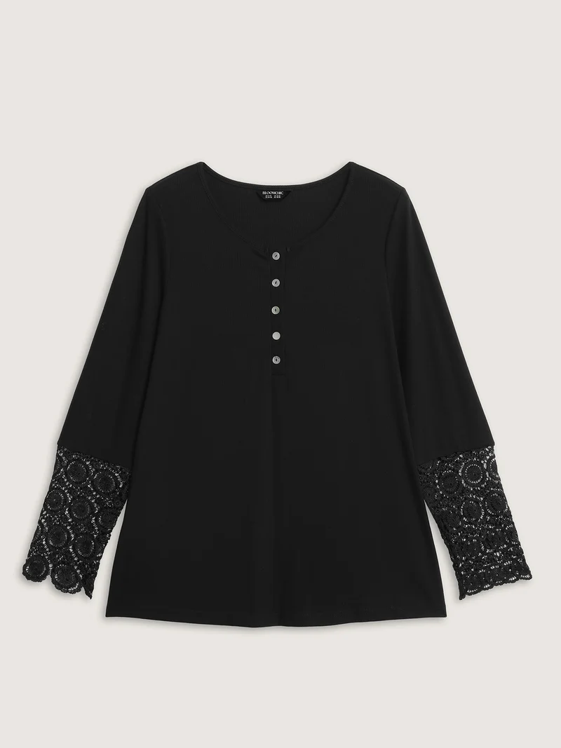 Lace Sleeve Button Placket T-Shirt