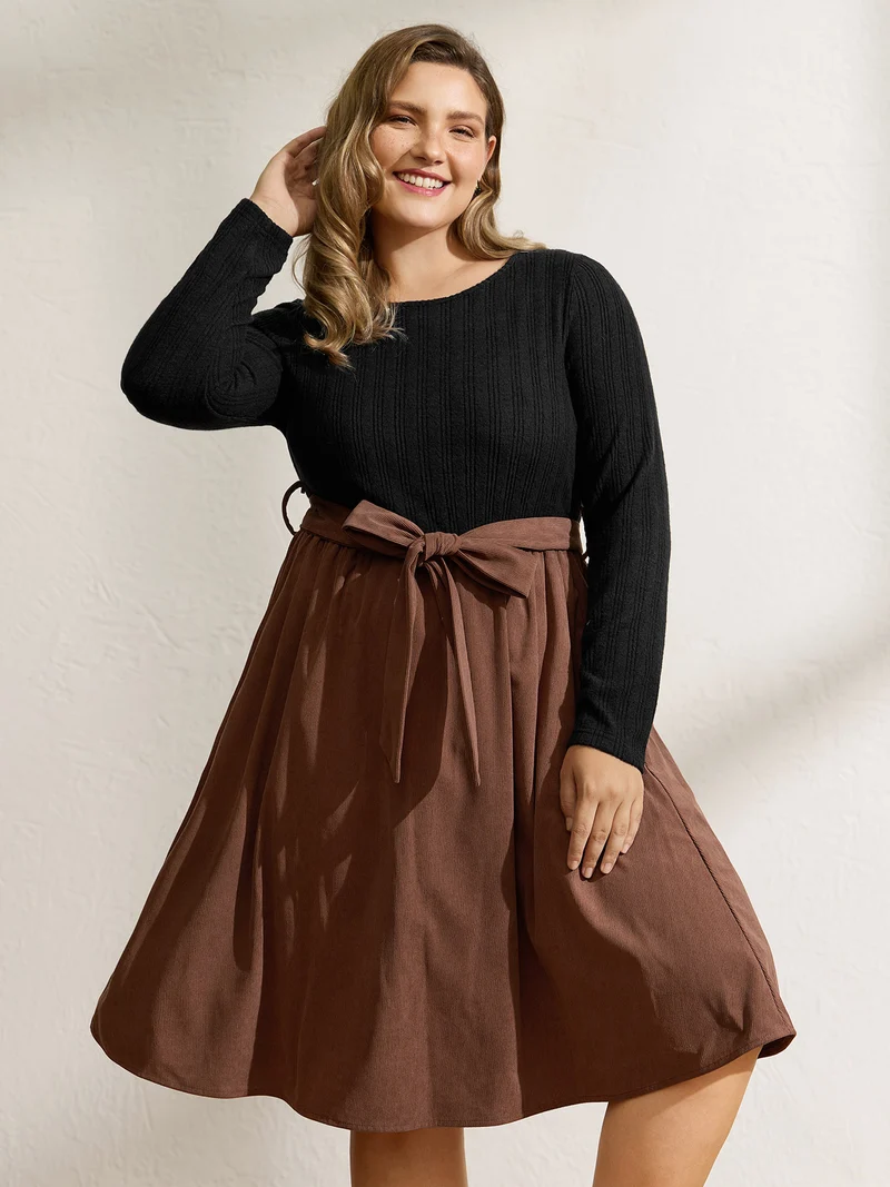 Color Contrast Belted Flared Midi Dress