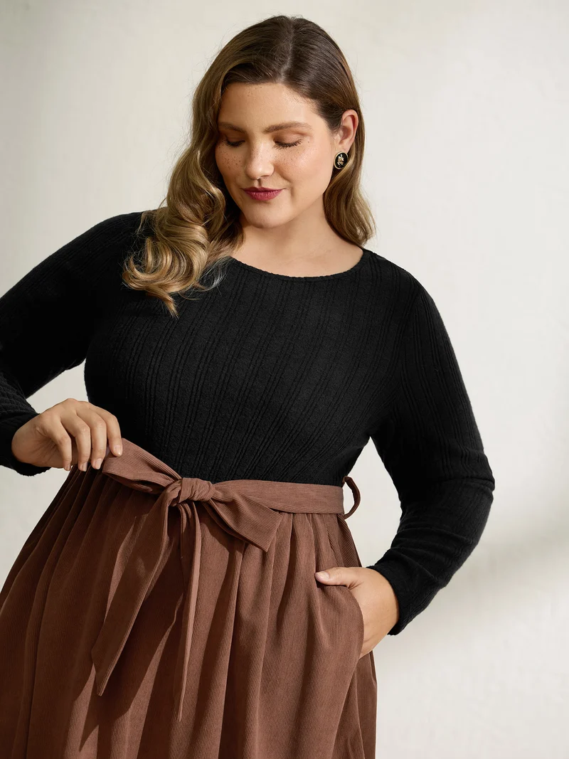 Color Contrast Belted Flared Midi Dress
