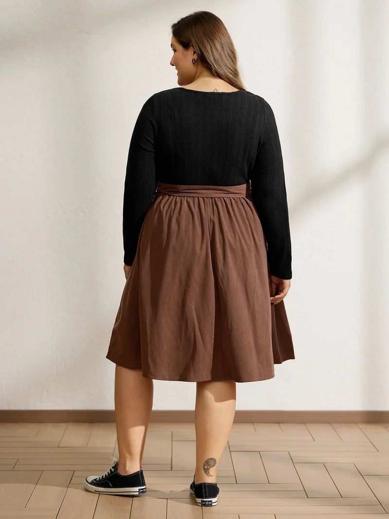 Color Contrast Belted Flared Midi Dress
