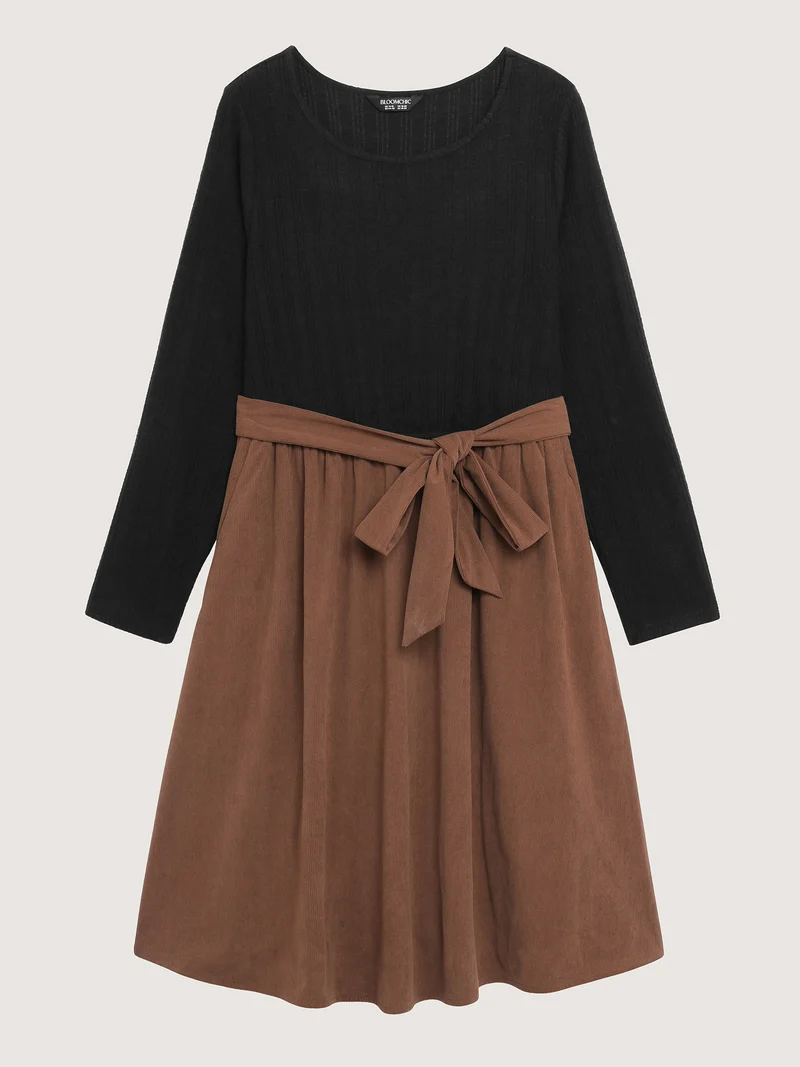 Color Contrast Belted Flared Midi Dress