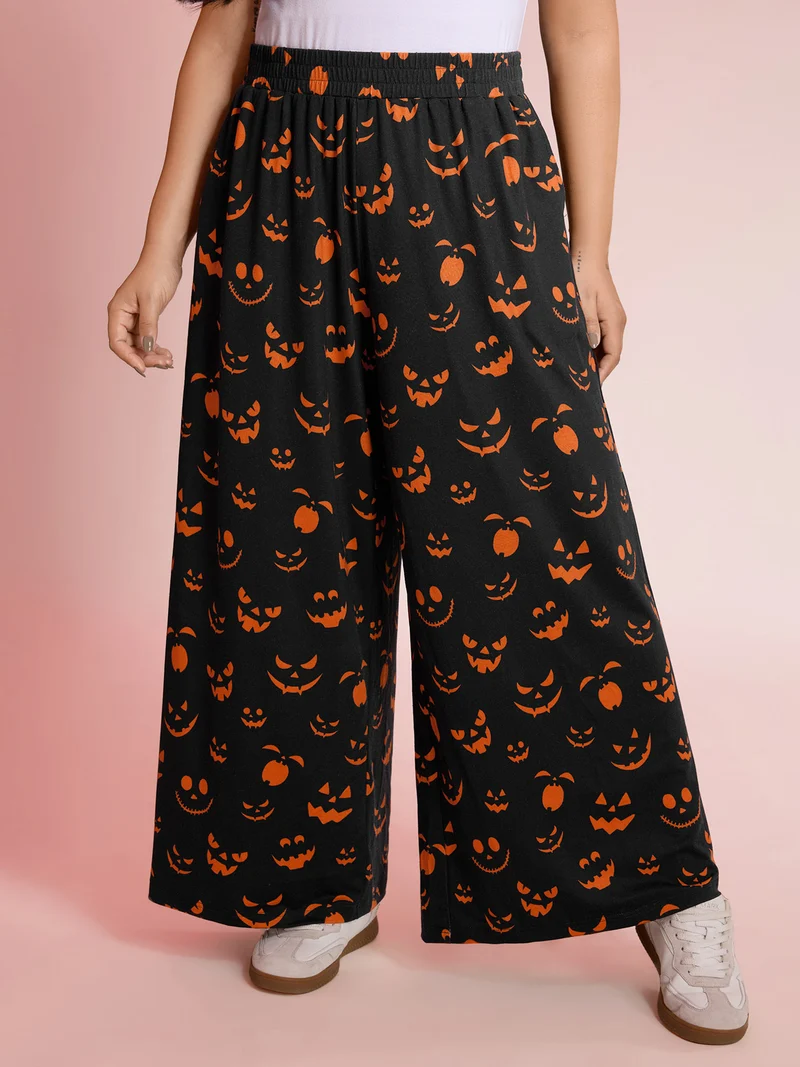 Carved Pumpkin Halloween Wide-Leg Pants