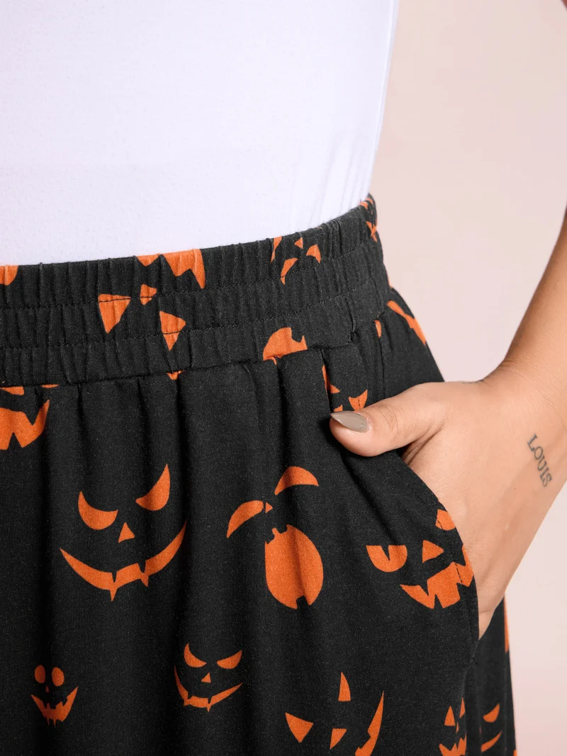 Carved Pumpkin Halloween Wide-Leg Pants