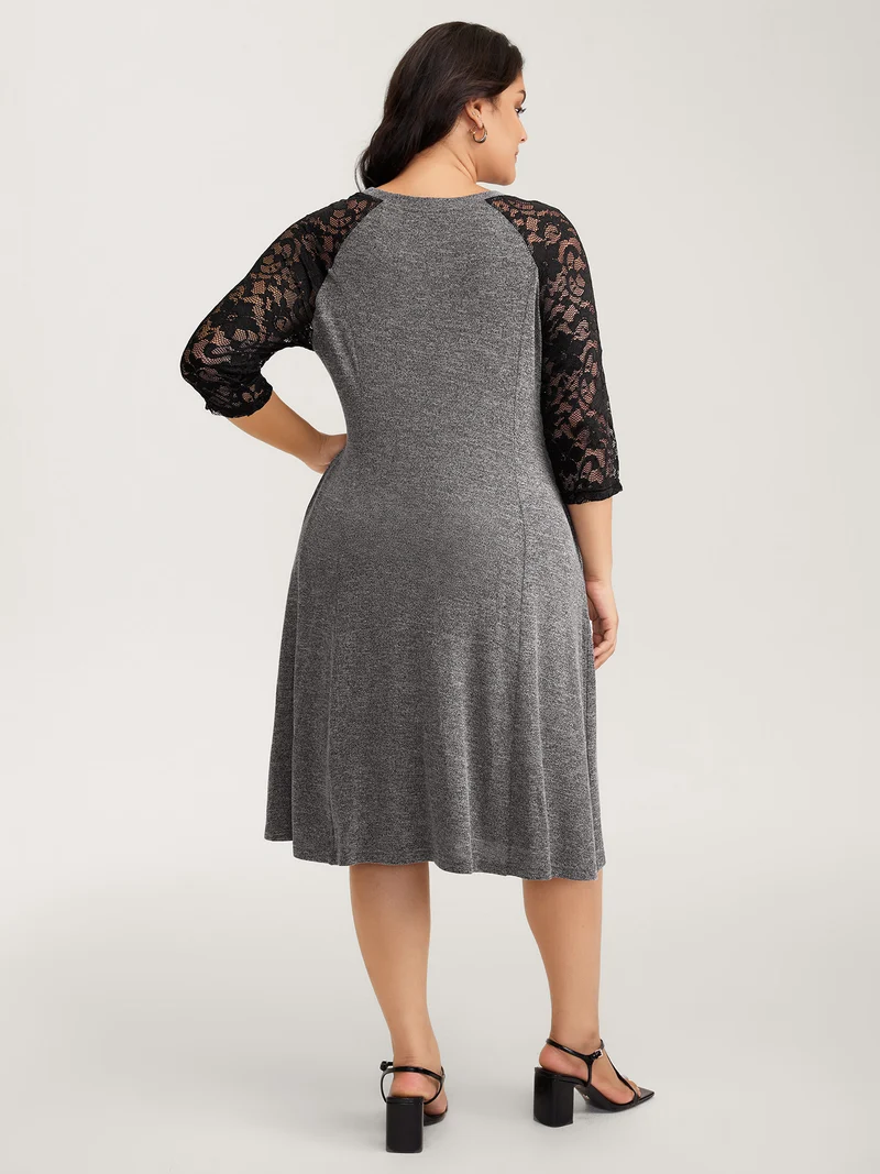 Supersoft Lace Sleeve Cinched-Waist Midi Dress