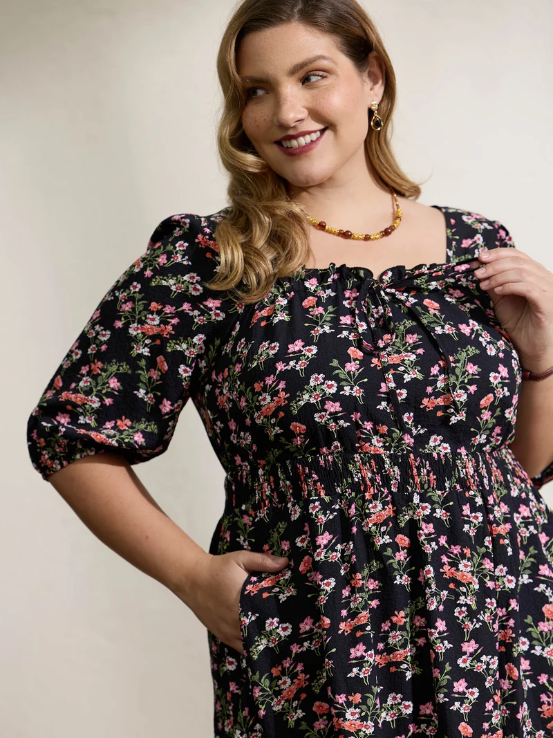 Floral Shirred Waist Neck-Tie Midi Dress