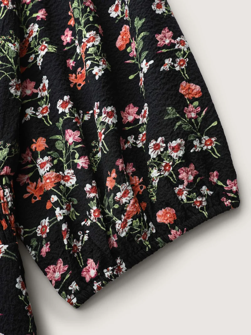 Floral Shirred Waist Neck-Tie Midi Dress