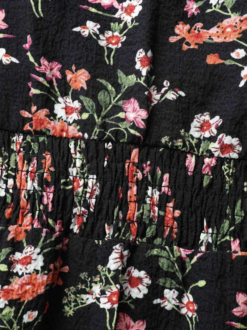 Floral Shirred Waist Neck-Tie Midi Dress