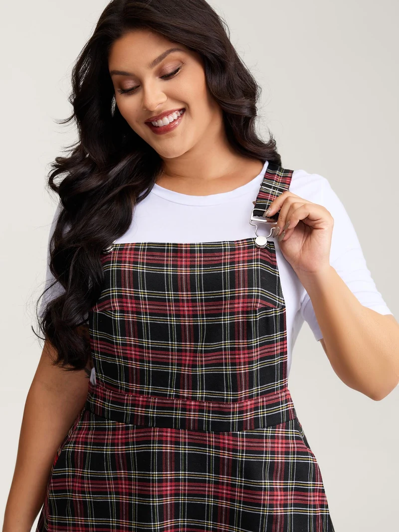 Checkered Pattern Overall Pockets Midi Dress