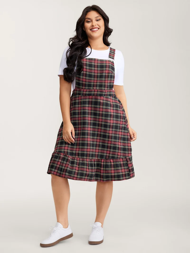 Checkered Pattern Overall Pockets Midi Dress