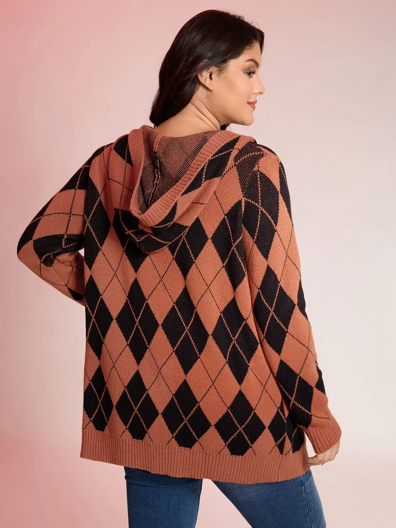 Checkered Jacquard Hooded Pockets Knit Cardigan
