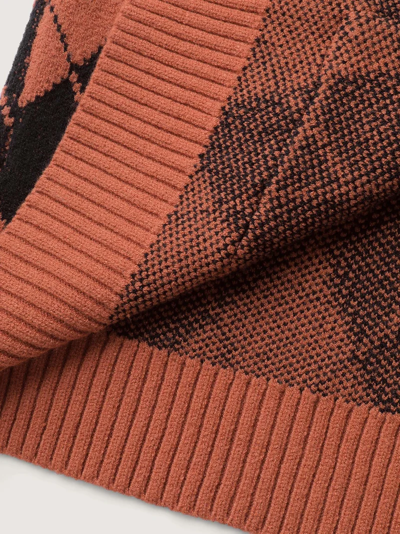 Checkered Jacquard Hooded Pockets Knit Cardigan