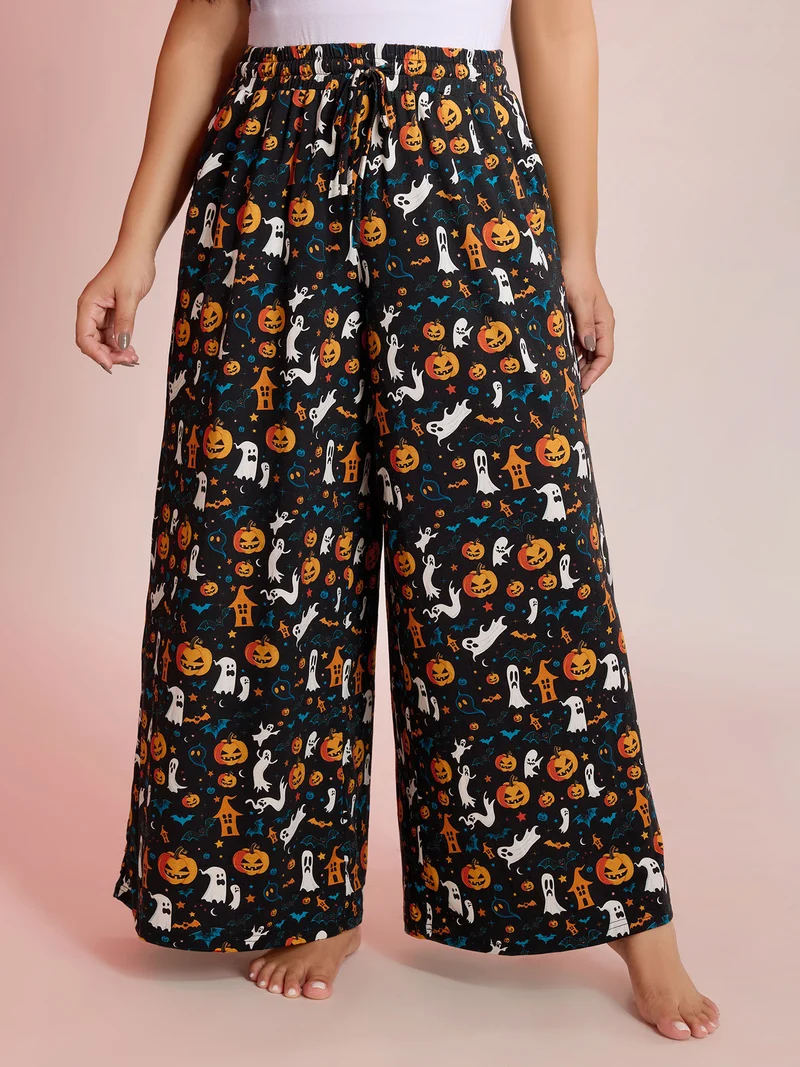 Halloween Spiced Print Waist-Tie Lounge Pants