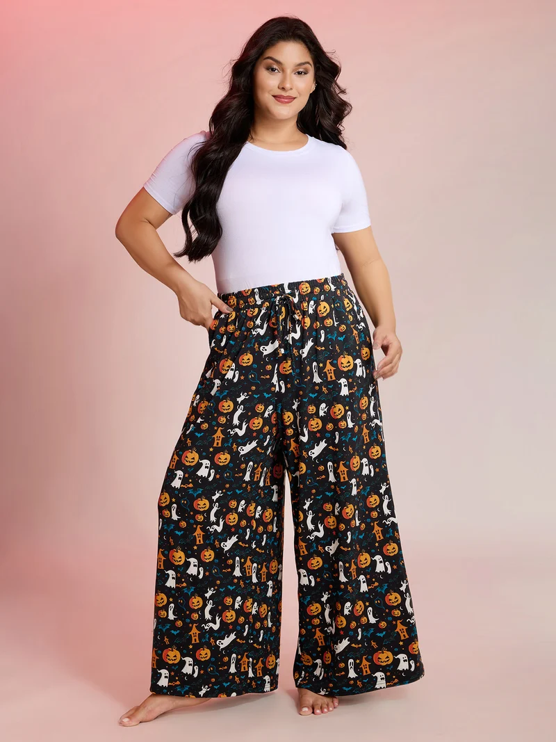 Halloween Spiced Print Waist-Tie Lounge Pants