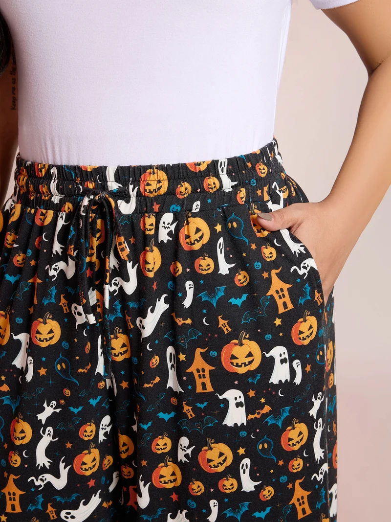 Halloween Spiced Print Waist-Tie Lounge Pants