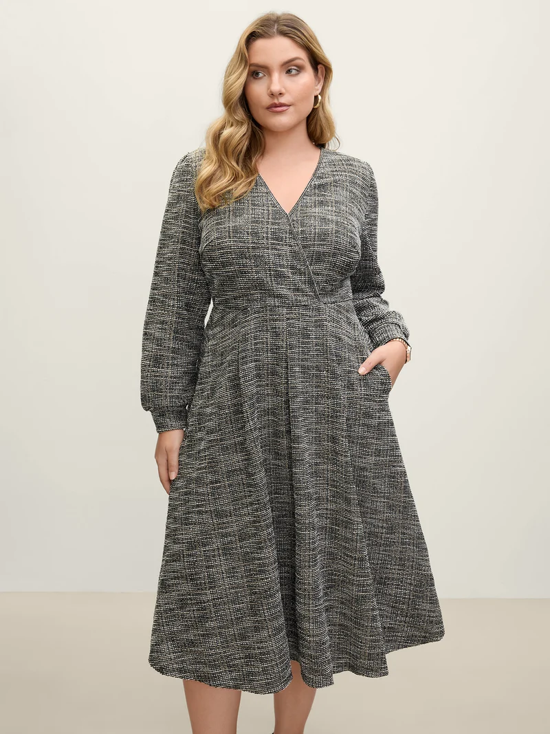 Tweed Surplice Neck Midi Dress