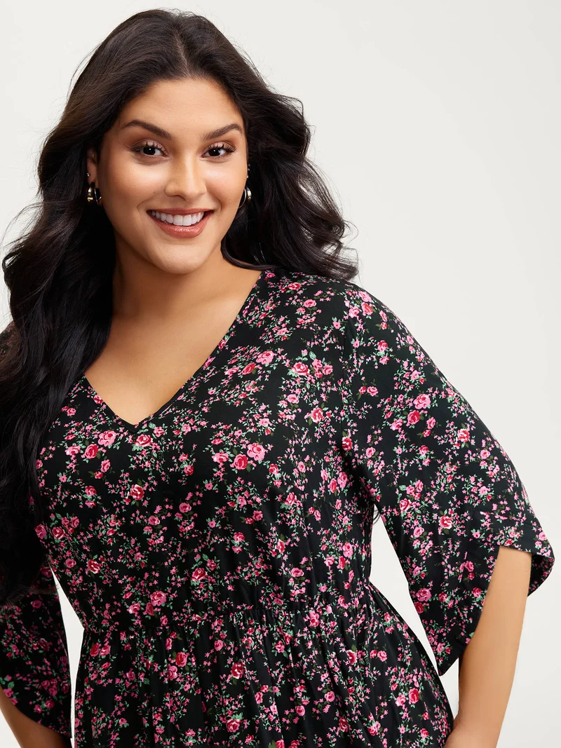 Rayon Floral Bell Sleeve Pockets Midi Dress