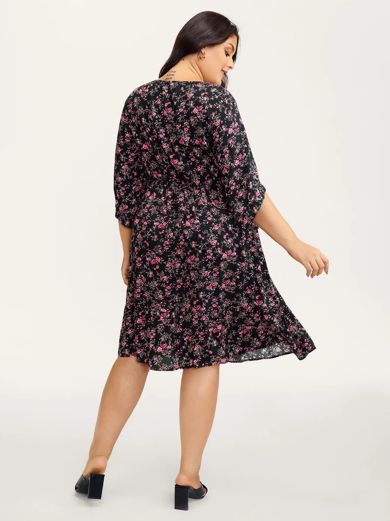 Rayon Floral Bell Sleeve Pockets Midi Dress
