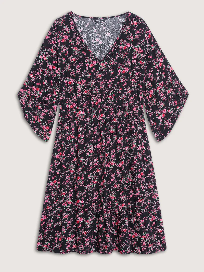 Rayon Floral Bell Sleeve Pockets Midi Dress