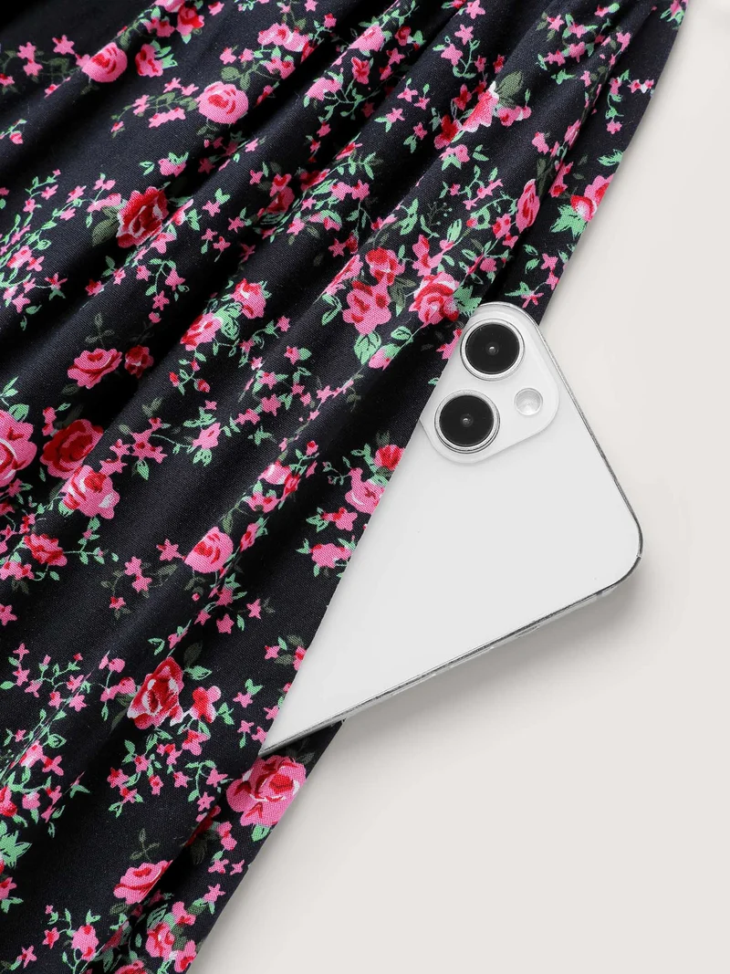Rayon Floral Bell Sleeve Pockets Midi Dress