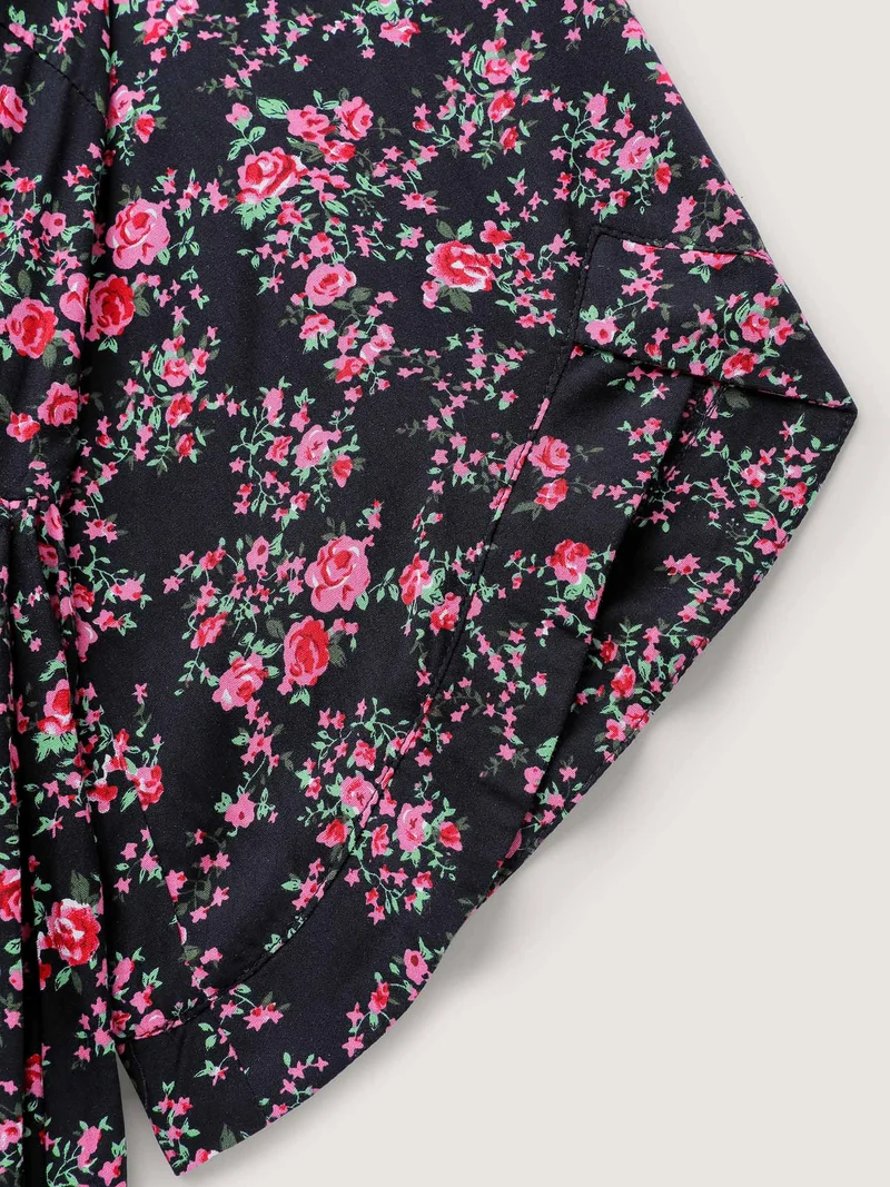 Rayon Floral Bell Sleeve Pockets Midi Dress