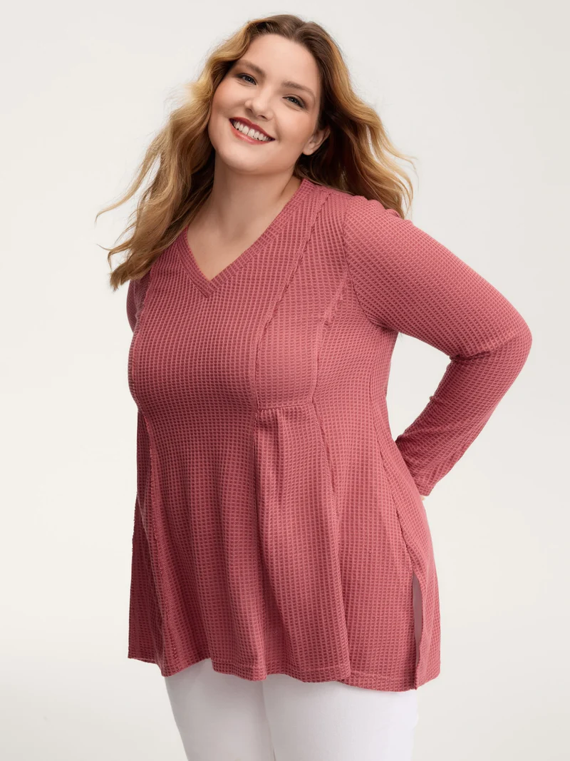 Waffle Grid Side Slit Flared T-Shirt