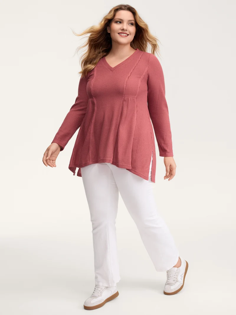 Waffle Grid Side Slit Flared T-Shirt
