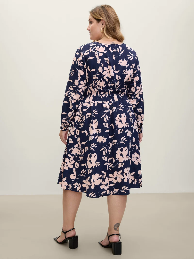 Floral Print Cross-Straps Shirred Midi Dress