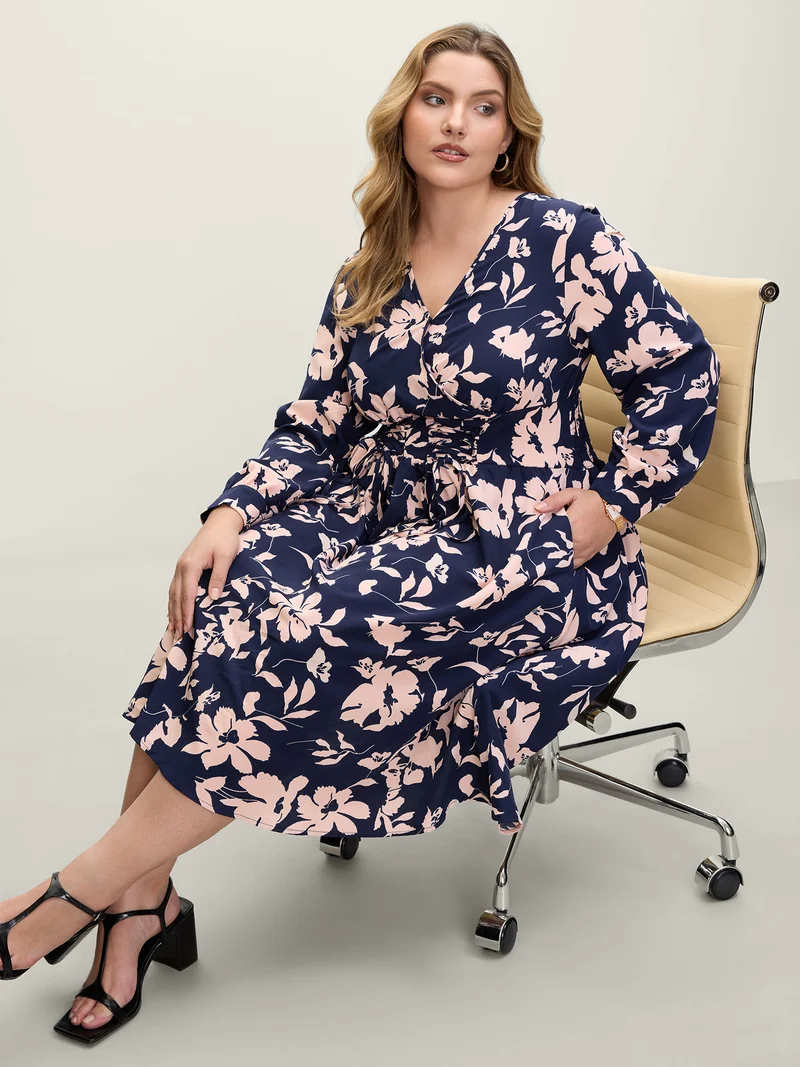 Floral Print Cross-Straps Shirred Midi Dress