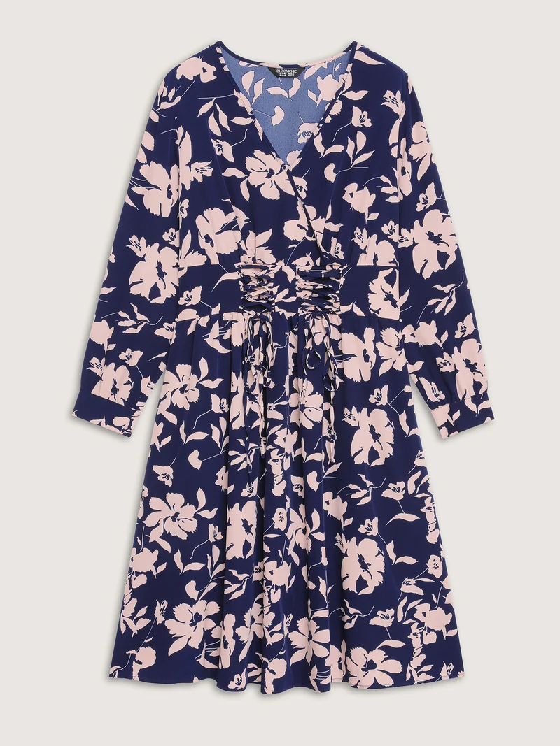 Floral Print Cross-Straps Shirred Midi Dress