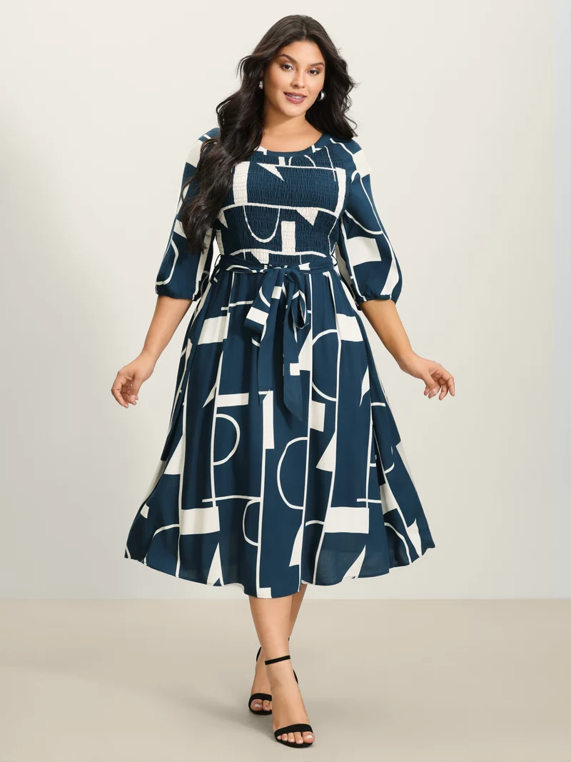 Supersoft Geometrical Print Shirred Bodice Tie Maxi Dress
