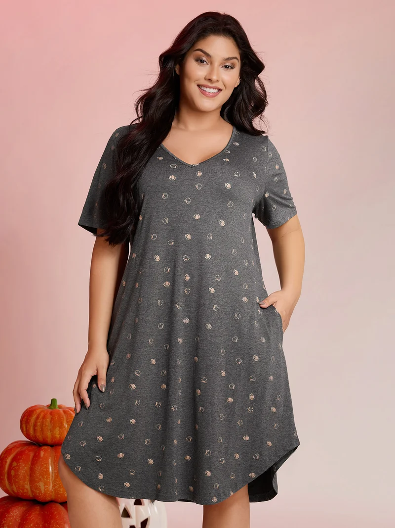 Halloween Print Stretchy V-Neck Lounge Dress