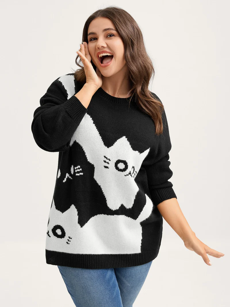 Monochrome Cats Crewneck Pullover