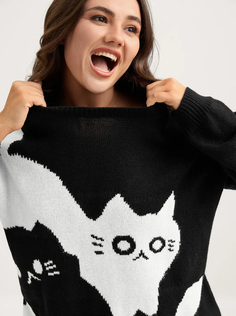 Monochrome Cats Crewneck Pullover