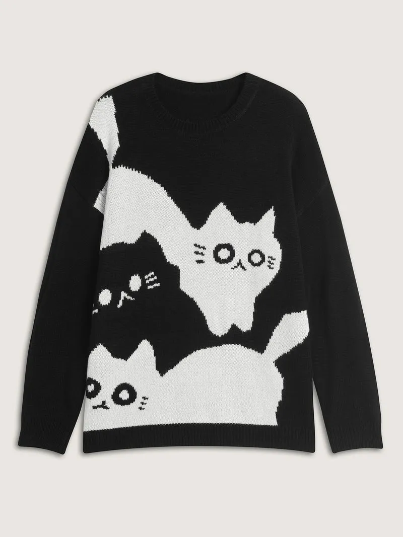 Monochrome Cats Crewneck Pullover