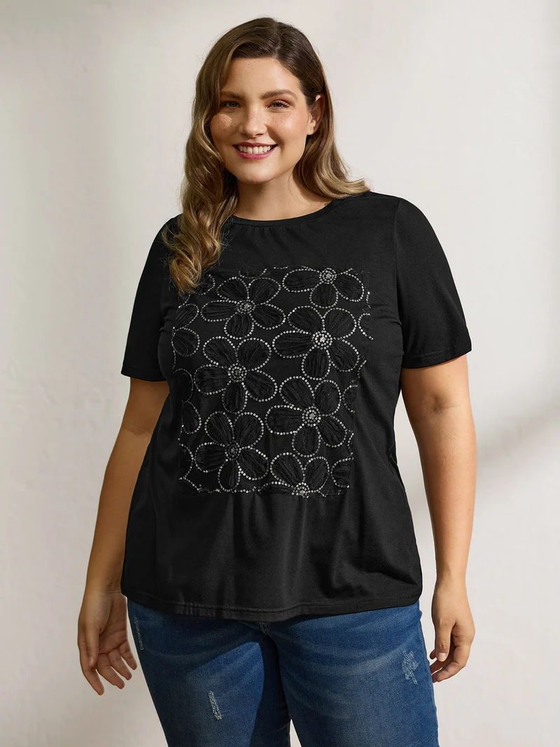 Shimmery Floral Pattern Round Neck T-Shirt