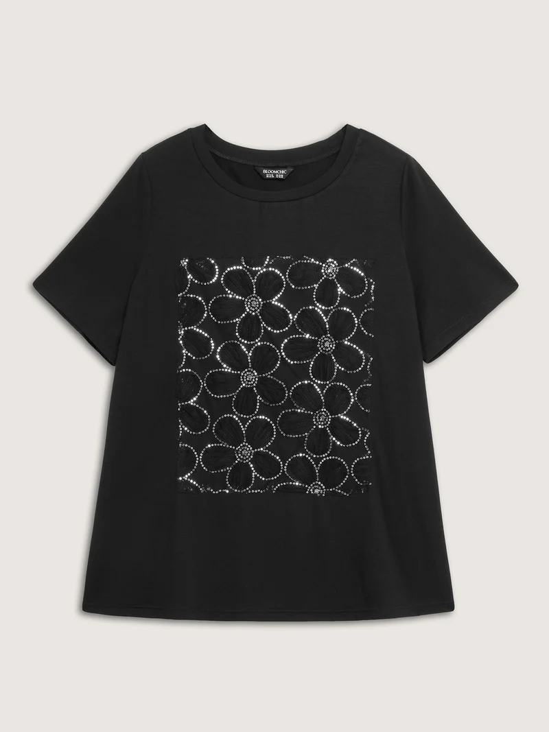 Shimmery Floral Pattern Round Neck T-Shirt