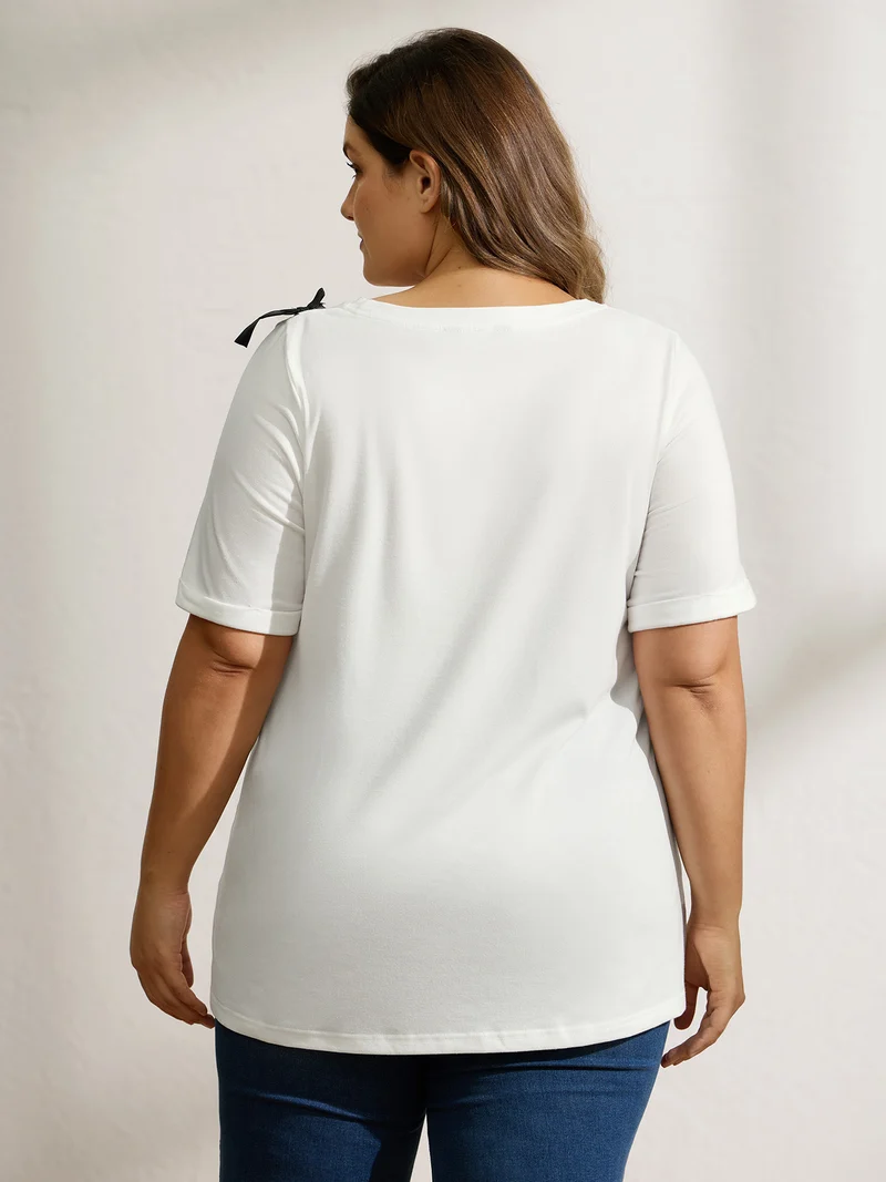 Bowknot Slit Round Neck T-Shirt