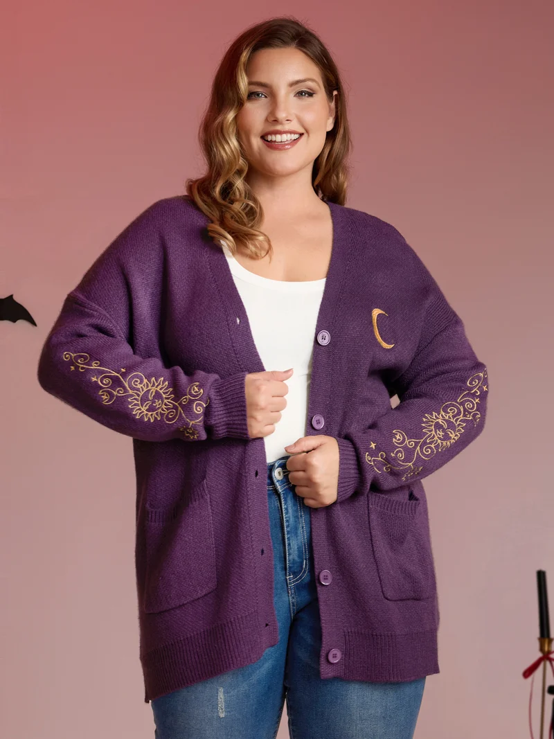 Star Embroidery Button Pockets Knit Cardigan