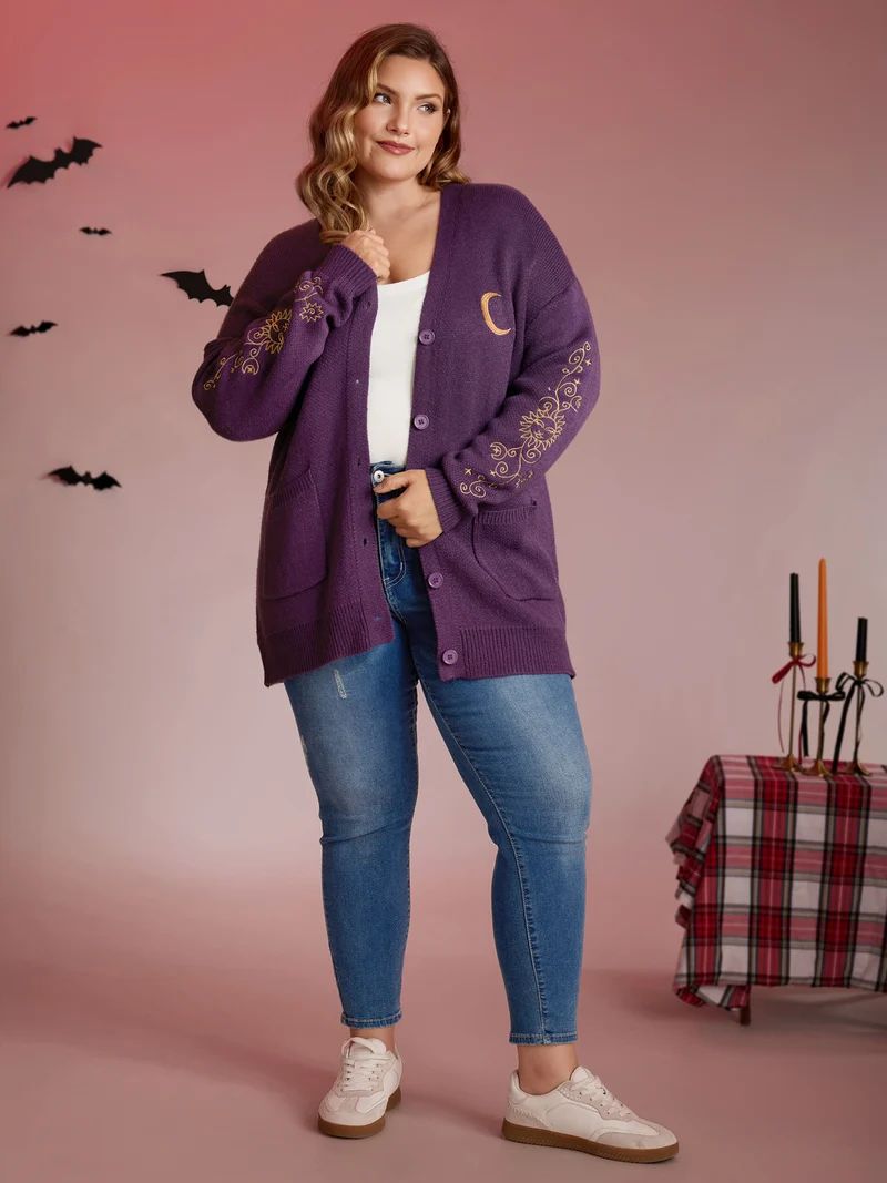 Star Embroidery Button Pockets Knit Cardigan