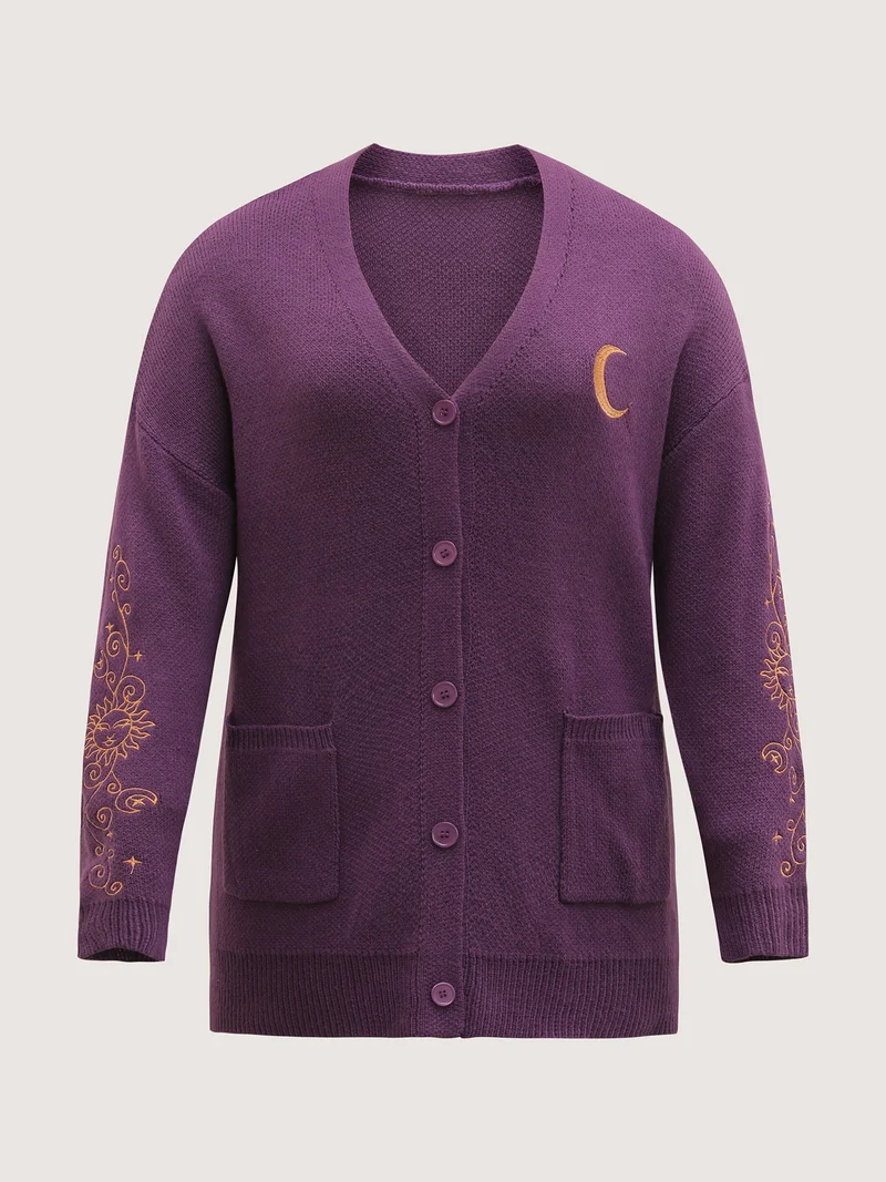 Star Embroidery Button Pockets Knit Cardigan