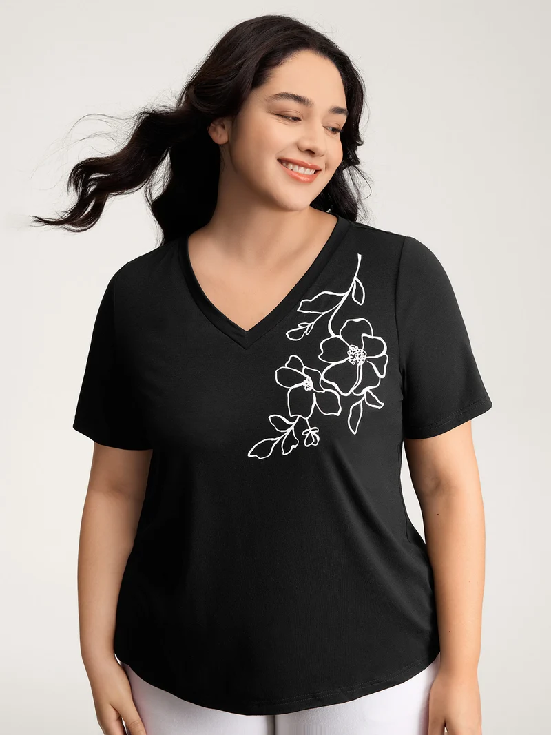 Floral Print V-Neck Half Sleeve T-Shirt